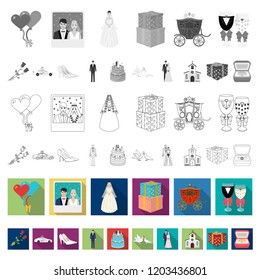 Wedding and Attributes flat icons in set collection for design. Newlyweds and Accessories vector symbol stock web illustration.