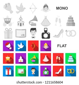 Wedding and Attributes flat icons in set collection for design.Newlyweds and Accessories vector symbol stock web illustration.