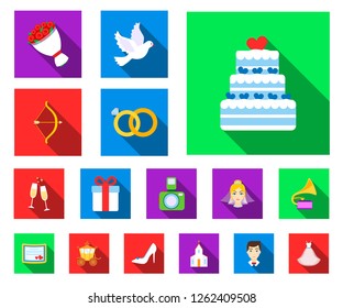 Wedding and Attributes flat icons in set collection for design.Newlyweds and Accessories vector symbol stock web illustration.