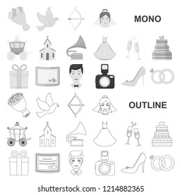 Wedding and Attributes monochrom icons in set collection for design.Newlyweds and Accessories vector symbol stock web illustration.