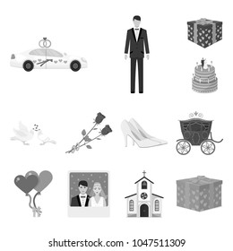 Wedding and Attributes monochrome icons in set collection for design. Newlyweds and Accessories vector symbol stock web illustration.