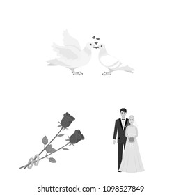 Wedding and Attributes monochrome icons in set collection for design.Newlyweds and Accessories vector symbol stock web illustration.