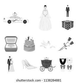 Wedding and Attributes monochrome icons in set collection for design.Newlyweds and Accessories vector symbol stock web illustration.