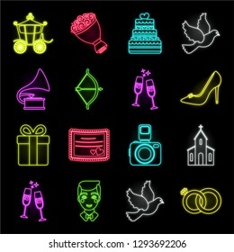 Wedding and Attributes neon icons in set collection for design.Newlyweds and Accessories vector symbol stock web illustration.