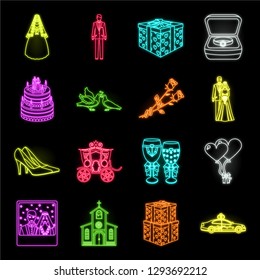 Wedding and Attributes neon icons in set collection for design. Newlyweds and Accessories vector symbol stock web illustration.