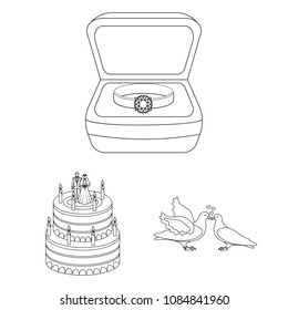 Wedding and Attributes outline icons in set collection for design.Newlyweds and Accessories vector symbol stock web illustration.