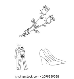 Wedding and Attributes outline icons in set collection for design.Newlyweds and Accessories vector symbol stock web illustration.