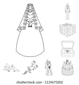 Wedding and Attributes outline icons in set collection for design.Newlyweds and Accessories vector symbol stock web illustration.