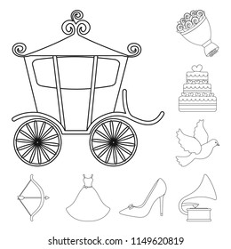 Wedding and Attributes outline icons in set collection for design.Newlyweds and Accessories vector symbol stock web illustration.