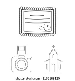 Wedding and Attributes outline icons in set collection for design.Newlyweds and Accessories vector symbol stock web illustration.