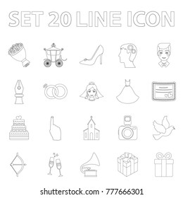 Wedding and Attributes outline icons in set collection for design.Newlyweds and Accessories vector symbol stock web illustration.