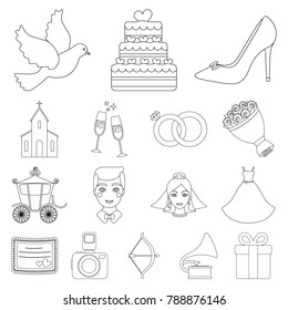 Wedding and Attributes outline icons in set collection for design.Newlyweds and Accessories vector symbol stock web illustration.