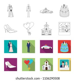 Wedding and Attributes outline,flat icons in set collection for design.Newlyweds and Accessories vector symbol stock web illustration.