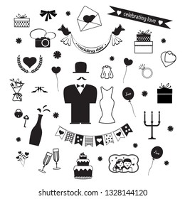 Wedding attributes set. Isolated elements for creating your greeting card, invitation, festive poster. Vector design. Wedding and safe the date theme.