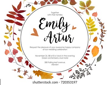 Wedding Autumn fall invite invitation floral watercolor style card design: colorful various orange yellow red leaves forest oak tree natural branch circle wreath Visit card postcard border, copy space