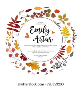 Wedding Autumn fall invite invitation floral watercolor card design with colorful orange yellow brown red leaves herbs forest tree natural round wreath Postcard decorative editable border & copy space