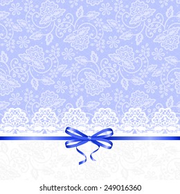 Wedding or baby shower invitation or greeting card with lace on blue background