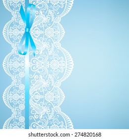 Wedding or baby shower invitation or greeting card with lace on blue background