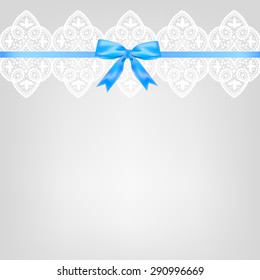 Wedding or baby shower invitation or greeting card with lace on gray background