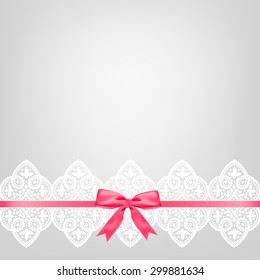 Wedding or baby shower invitation or greeting card with lace on gray background