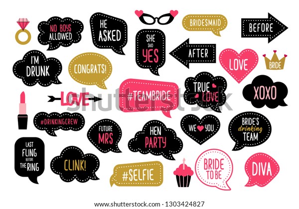 Wedding and\
bachelorette party photo booth props set. Bridal shower photobooth\
props. Vector speech bubbles with hen night quotes - team bride,\
bridesmaid, she said yes.\
