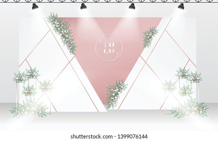 Wedding Backdrop Design Template With White And Rose Gold Color Theme.