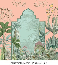 Ilustração de fundo de casamento, Mural de casamento, Ilustração de fundo tropical, Ilustração de jardim mogol.