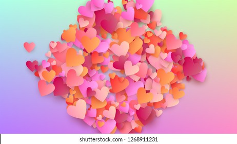 Wedding Background. Banner Template. Heart Confetti Pattern. Many Random Falling Beautifull Hearts on Hologram Backdrop. Vector Wedding Background.