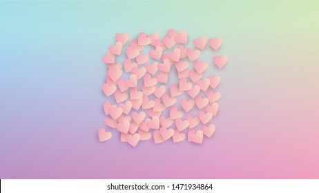 Wedding Background. Banner Template. Heart Confetti Pattern. Many Random Falling Pink Hearts on Hologram Backdrop. Vector Wedding Background.