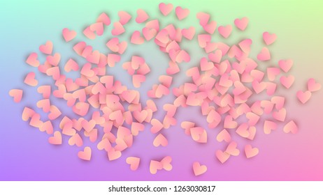 Wedding Background. Banner Template. Many Random Falling Purple Hearts on Hologram Backdrop. Heart Confetti Pattern. Vector Wedding Background.