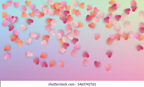 Wedding Background. Banner Template. Many Random Falling Beautifull Hearts on Hologram Backdrop. Heart Confetti Pattern. Vector Wedding Background.