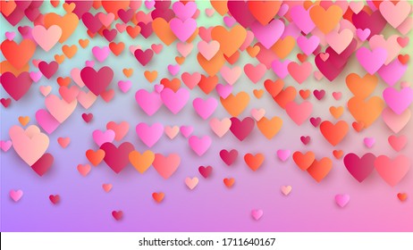Wedding Background. Banner Template. Many Random Falling Pink Hearts on Hologram Backdrop. Heart Confetti Pattern. Vector Wedding Background.