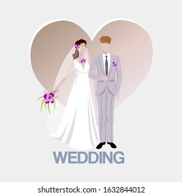Wedding background with bride and bridegroom and heart cartoon vector illustration. Beautiful bride and groom. Marriage and wedding services, fashion, style, beauty advertising poster.
