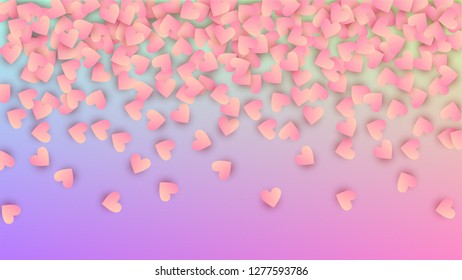 Wedding Background. Card Template. Heart Confetti Pattern. Many Random Falling Purple Hearts on Hologram Backdrop. Vector Wedding Background.