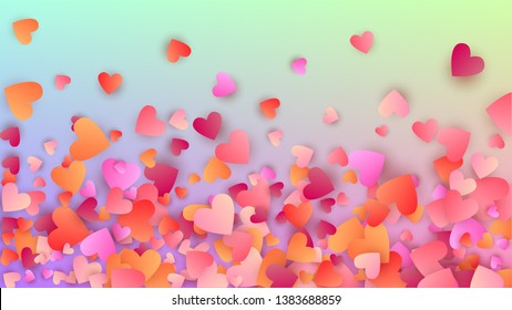 Wedding Background. Card Template. Heart Confetti Pattern. Many Random Falling Beautifull Hearts on Hologram Backdrop. Vector Wedding Background.