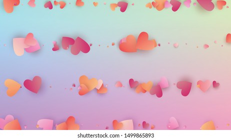 Wedding Background. Card Template. Heart Confetti Pattern. Many Random Falling Pink Hearts on Hologram Backdrop. Vector Wedding Background.