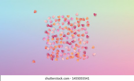 Wedding Background. Card Template. Many Random Falling Pink Hearts on Hologram Backdrop. Heart Confetti Pattern. Vector Wedding Background.