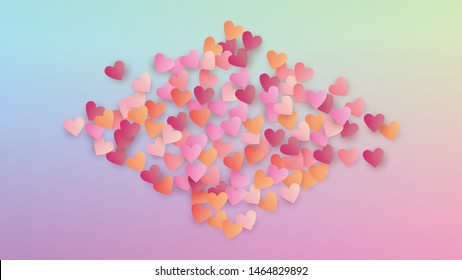 Wedding Background. Card Template. Many Random Falling Pink Hearts on Hologram Backdrop. Heart Confetti Pattern. Vector Wedding Background.