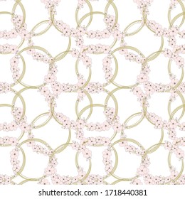 Wedding background, cherry sakura blossom and gold rings. Invitations card, Save the date, celebrate. Seamless vector pattern