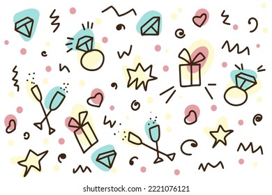 Wedding background in doodle style, hand drawn set of cute doodles for decoration on a white background in gentle colors