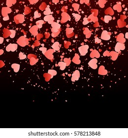 Wedding background with falling red hearts confetti.