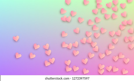 Wedding Background. Flyer Template. Heart Confetti Pattern. Many Random Falling Pink Hearts on Hologram Backdrop. Vector Wedding Background.