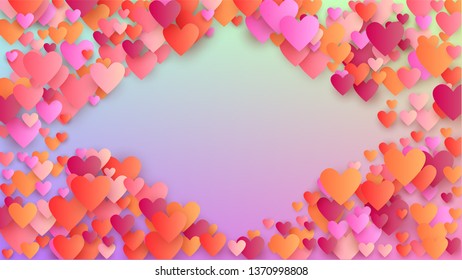 Wedding Background. Flyer Template. Heart Confetti Pattern. Many Random Falling Red Hearts on Hologram Backdrop. Vector Wedding Background.