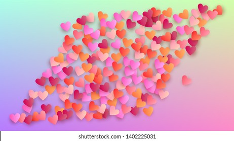Wedding Background. Flyer Template. Heart Confetti Pattern. Many Random Falling Beautifull Hearts on Hologram Backdrop. Vector Wedding Background.