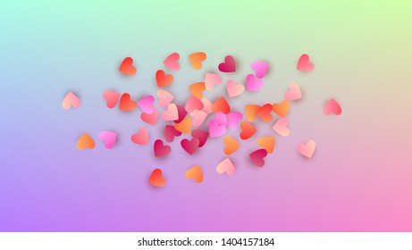 Wedding Background. Flyer Template. Many Random Falling Red Hearts on Hologram Backdrop. Heart Confetti Pattern. Vector Wedding Background.