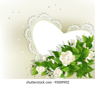 Wedding background with fresh white roses and heart.