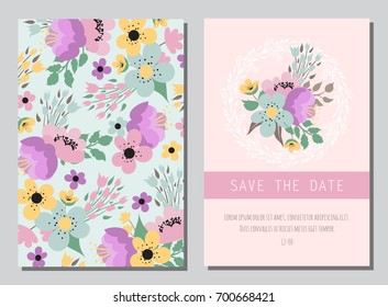 Wedding background with hand-drawn floral elements in trendy colors. Modern Wedding collection. 