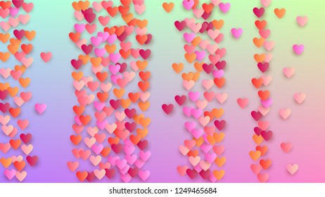 Wedding Background. Heart Confetti Pattern. Banner Template. Many Random Falling Pink Hearts on Hologram Backdrop. Vector Wedding Background.