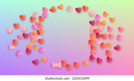 Wedding Background. Heart Confetti Pattern. Many Random Falling Red Hearts on Hologram Backdrop. Poster Template. Vector Wedding Background.