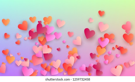 Wedding Background. Heart Confetti Pattern. Banner Template. Many Random Falling Beautifull Hearts on Hologram Backdrop. Vector Wedding Background.